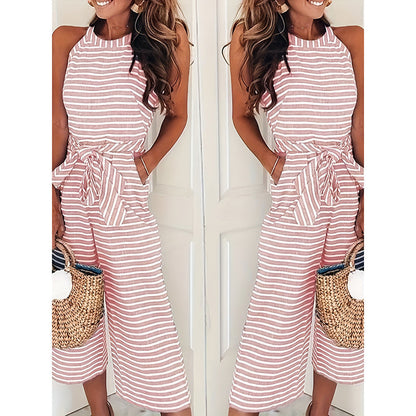 Casual Striped Jumpsuits Summer Cap Sleeve Wide Leg Jumper