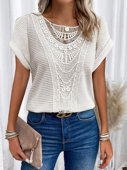 Women’s Summer Hollow-Out T-Shirt | Fashion Ethnic Style Short-Sleeved Top | Elegant Embroidered Lace Knit Blouse | Trendy Minimalist Breathable Summer Clothing | 2026 High-Fashion Artisan Ethnic Top