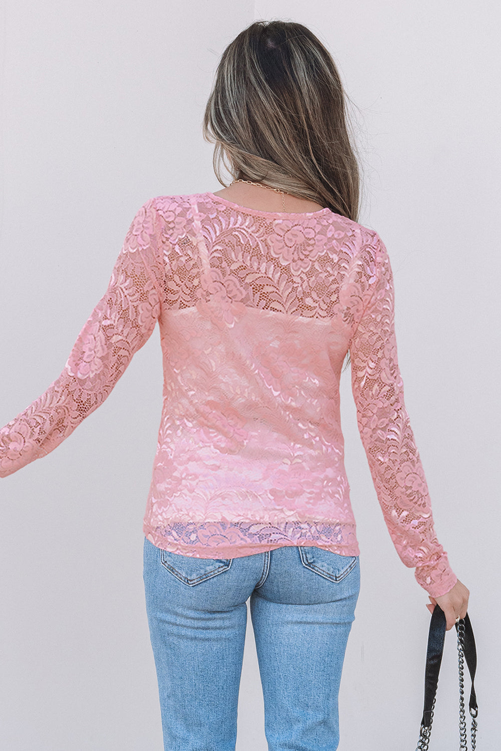 Threaded Pear Amanda Floral Lace Sheer Long Sleeve Top