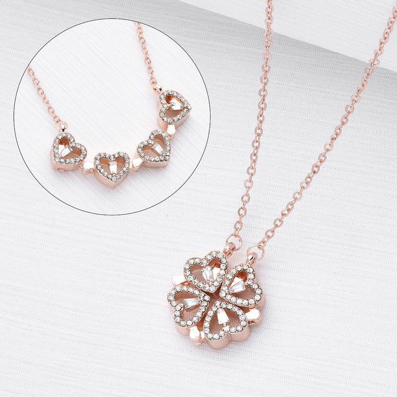 Magnetic Folding Heart-Shaped Clover Necklace | 2-in-1 Four-Leaf Clover & Heart Pendant | High-Sense Love Clavicle Chain | Trendy Openable Heart Choker Gift | 2026 High-Fashion Transformative Women’s Jewelry