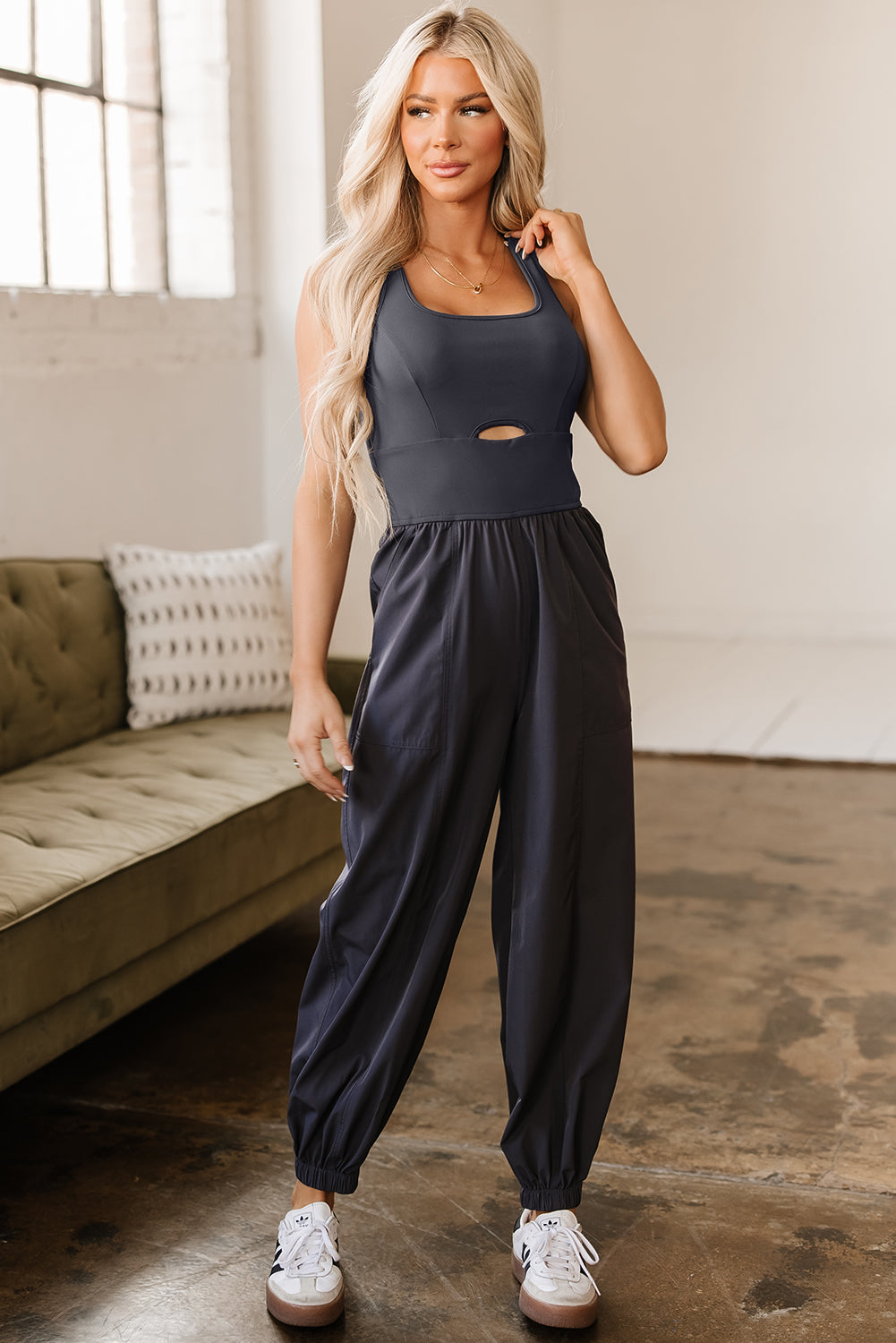 Threaded Pear Avianna Back Crossed Straps Hollow Out Jogger Jumpsuit