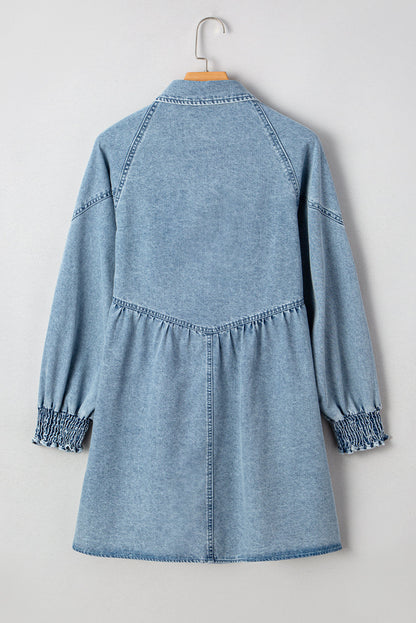 Threaded Pear Molly Smocked Cuffs Flared Denim Shirt Mini Dress