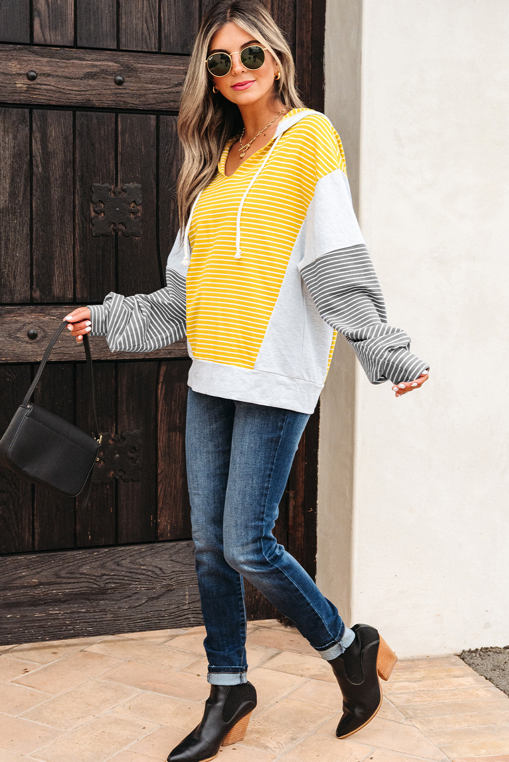 Threaded Pear Margot Stripe Drawstring Loose Fit Hooded Top