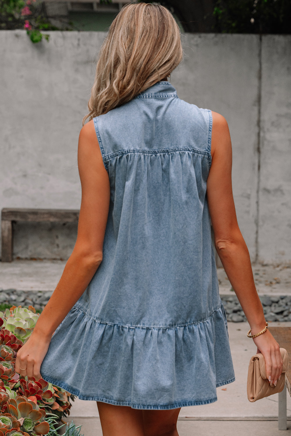 Threaded Pear Clare Sleeveless Ruffled Chambray Dress