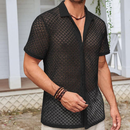 Men’s Summer Mesh Short-Sleeve Shirt | Fashion Solid Color Lapel Beach Shirt | High-Sense Breathable Mesh Knit Top | Trendy Minimalist See-Through Resort Wear | 2026 High-Fashion Lightweight Men’s Clothing