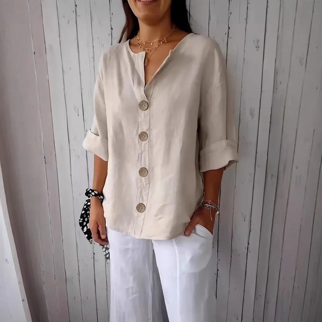Women’s V-Neck Pullover Shirt | Casual Long-Sleeved Fashion Top | Elegant Loose-Fit Daily Blouse | Trendy Minimalist V-Neck Pullover for Ladies | 2026 High-Fashion Lightweight Autumn/Spring Top