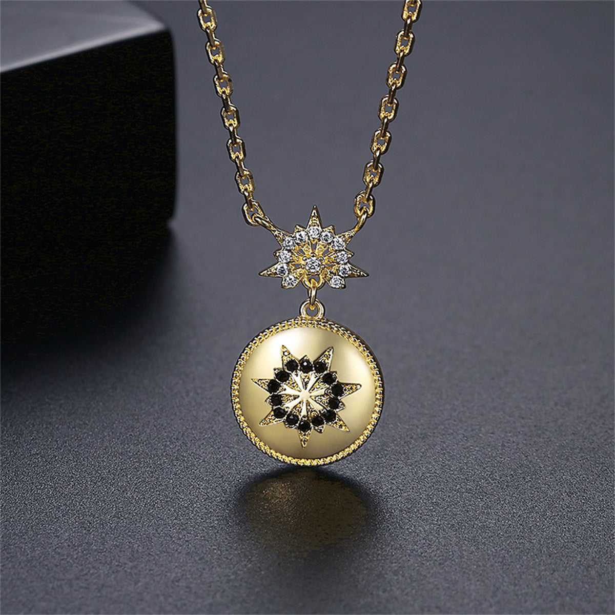 Black Cubic Zirconia & Goldtone Floral Round Pendant Necklace