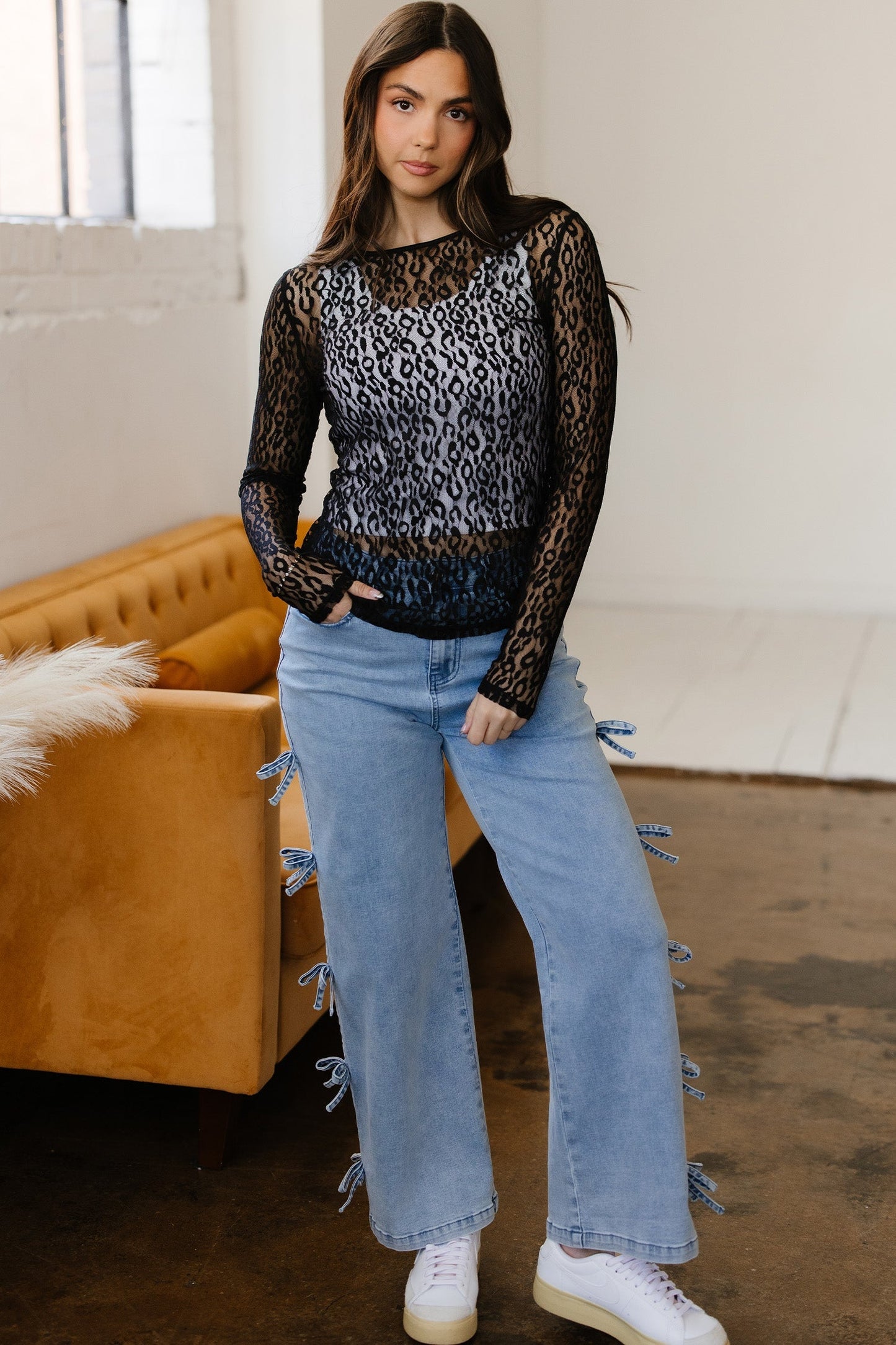 Threaded Pear Denver Pattern Sheer Mesh Long Sleeve Top