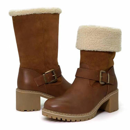 Women’s Fashion Buckle Western Boots | High-Sense Chunky Heel Winter Shoes | Trendy Minimalist Round Toe Warm Boots | Luxury-Label Statuesque Outdoor Wear | 2026 High-Fashion Radiant Cold-Weather Essential