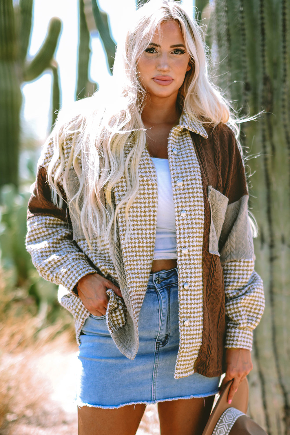 Threaded Pear Luna Houndstooth Loose Shacket