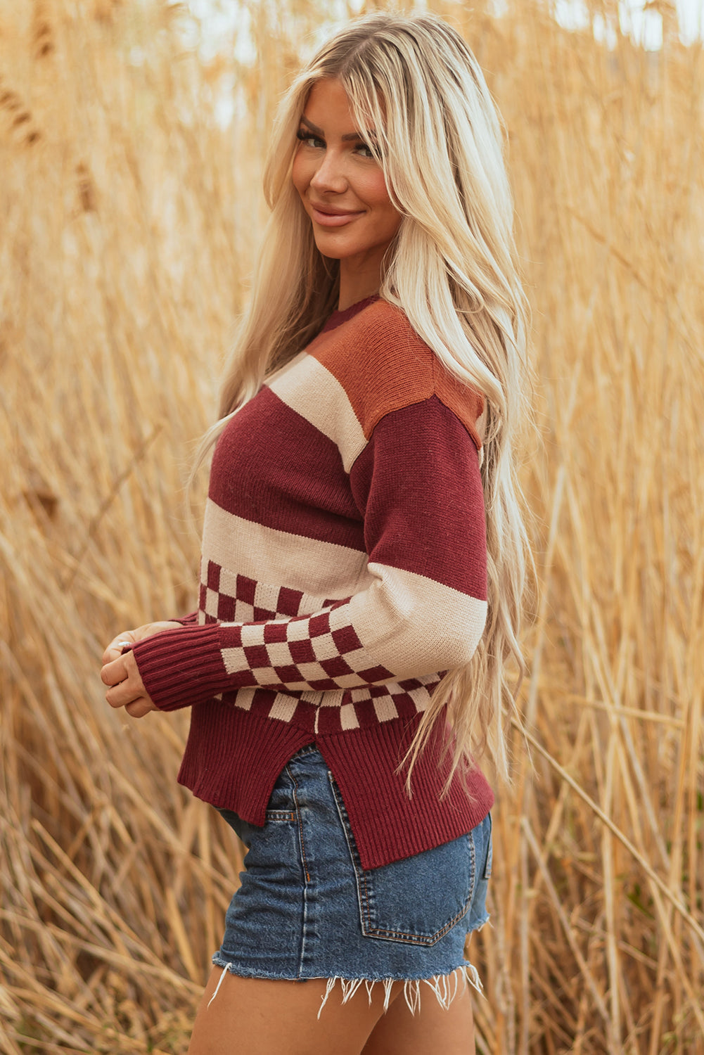 Threaded Pear Noelle Checkered Knitted Sweater