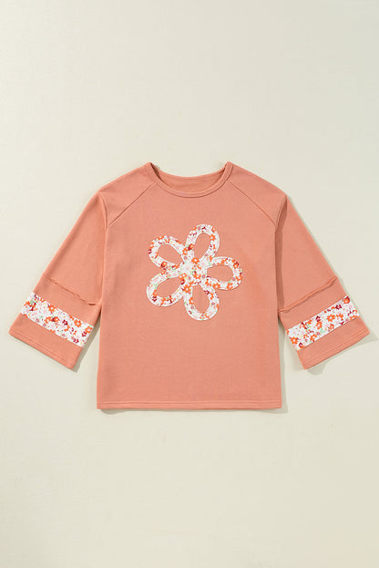 Threaded Pear Flower Exposed Seam Wide Sleeve Top