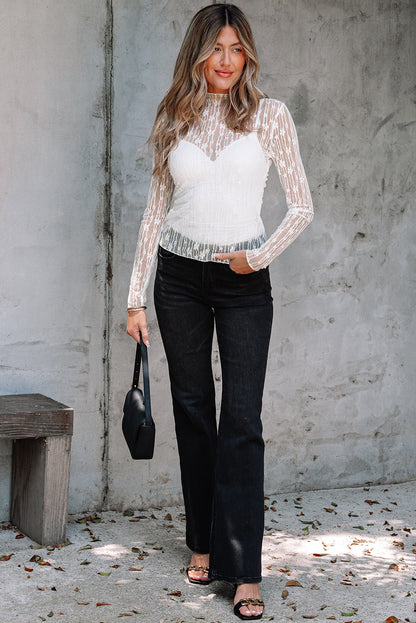 Threaded Pear Adalynn Sheer Floral Lace Long Sleeve Top