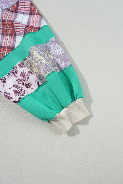 Threaded Pear Sky Blue Plus Size Plaid Floral Patchwork Raglan Sleeve Sweatshirt