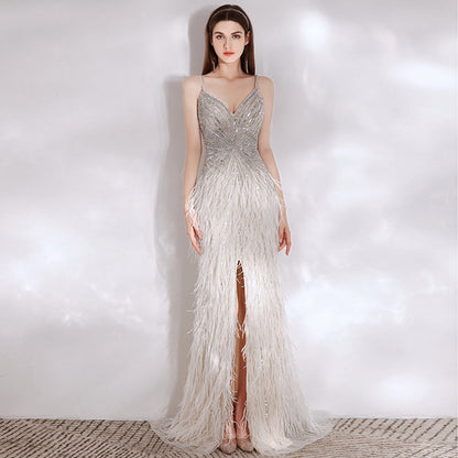 Women’s Feather Temperament High-End Evening Dress | Elegant Formal Gala Gown with Slit | Luxury Ostrich Feather Trim Party Dress | Modern High-Sense Floor Length Wedding Guest Gown | 2026 Couture Fashion Collection
