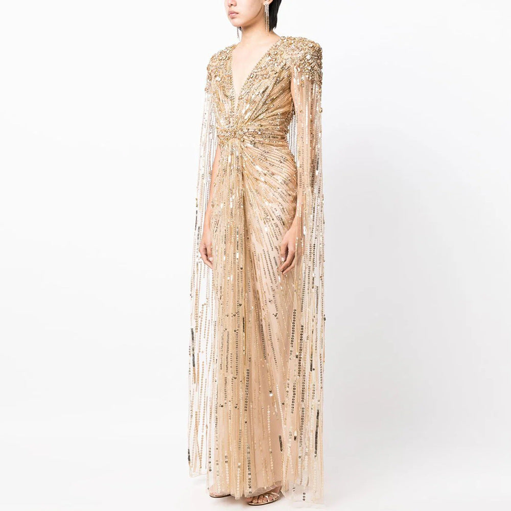 Women’s Elegant Long V-Neck Evening Dress | High-Sense Formal Party Gown | Trendy Minimalist Sleek Silhouette Dress | Luxury-Label Statuesque Event Wear | 2026 High-Fashion Radiant Ceremony Essential