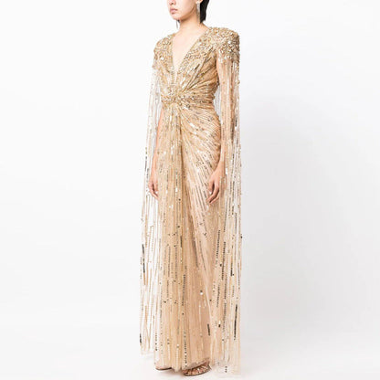 Women’s Elegant Long V-Neck Evening Dress | High-Sense Formal Party Gown | Trendy Minimalist Sleek Silhouette Dress | Luxury-Label Statuesque Event Wear | 2026 High-Fashion Radiant Ceremony Essential
