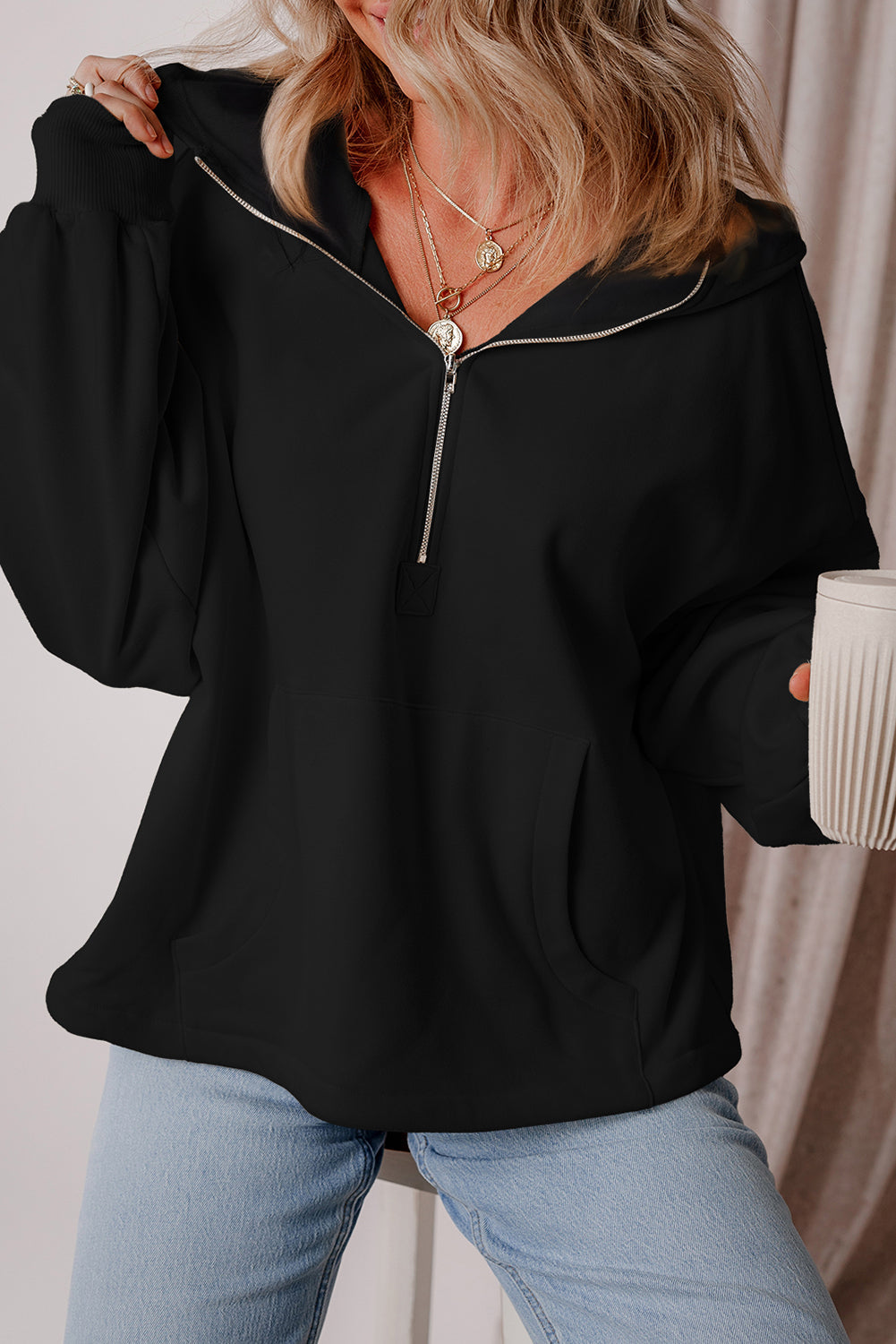 Threaded Pear Kate Fleece Lined Half Zipper Kangaroo Pockets Loose Hoodie