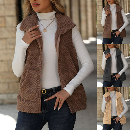 Women’s Double-Sided Fleece Zipper Vest | Loose Fit Plush Cardigan Gilet with Pockets | Cozy Winter Sleeveless Jacket | Elegant Commuter Fleece Waistcoat
