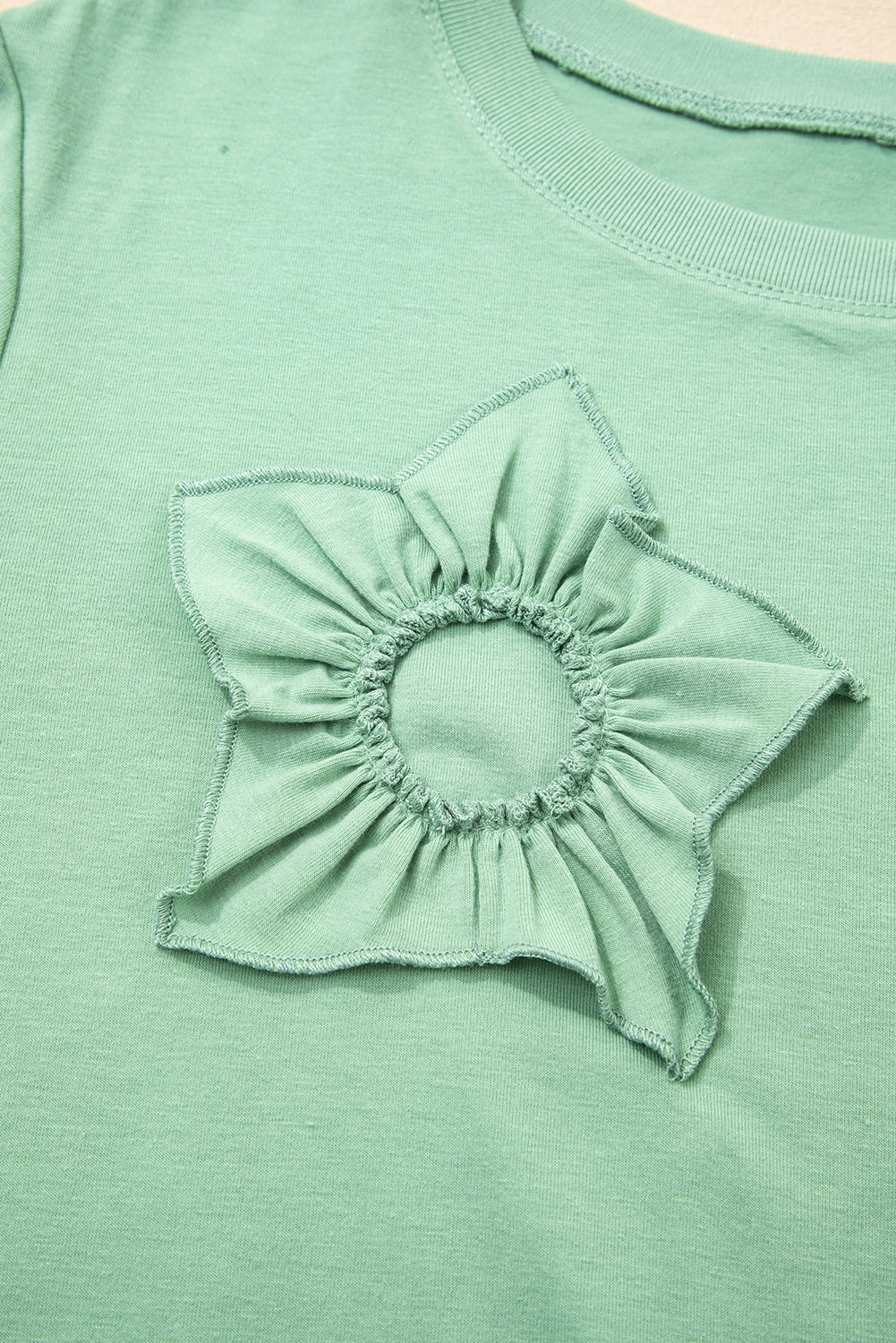 Threaded Pear Grass Green Flower Applique Mineral Wash Plus Size Top