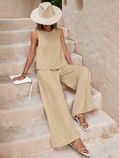 Women’s Solid Color Casual Loose Pants Set | Elegant Spring Summer Two-Piece Suit | High-Sense Breathable Full Trouser Set | Trendy Minimalist Wide-Leg Female Outfit | 2026 High-Fashion Relaxed Fit Co-ord Set