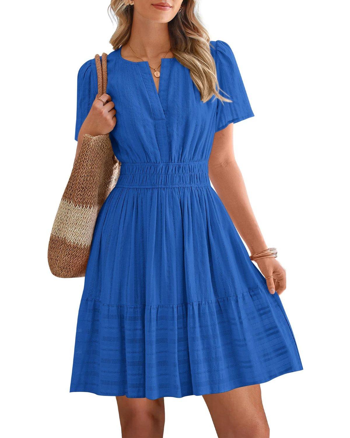 Women's V-Neck Elastic Waist Tiered Mini Dress
