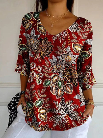 Women’s Elegant Retro Floral Print V-Neck Top | High-Sense Casual Long Sleeve Blouse | Trendy Minimalist Vintage-Style Top | Luxury-Label Statuesque Spring Wear | 2026 High-Fashion Radiant Urban Essential
