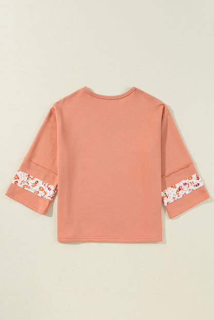 Threaded Pear Flower Exposed Seam Wide Sleeve Top