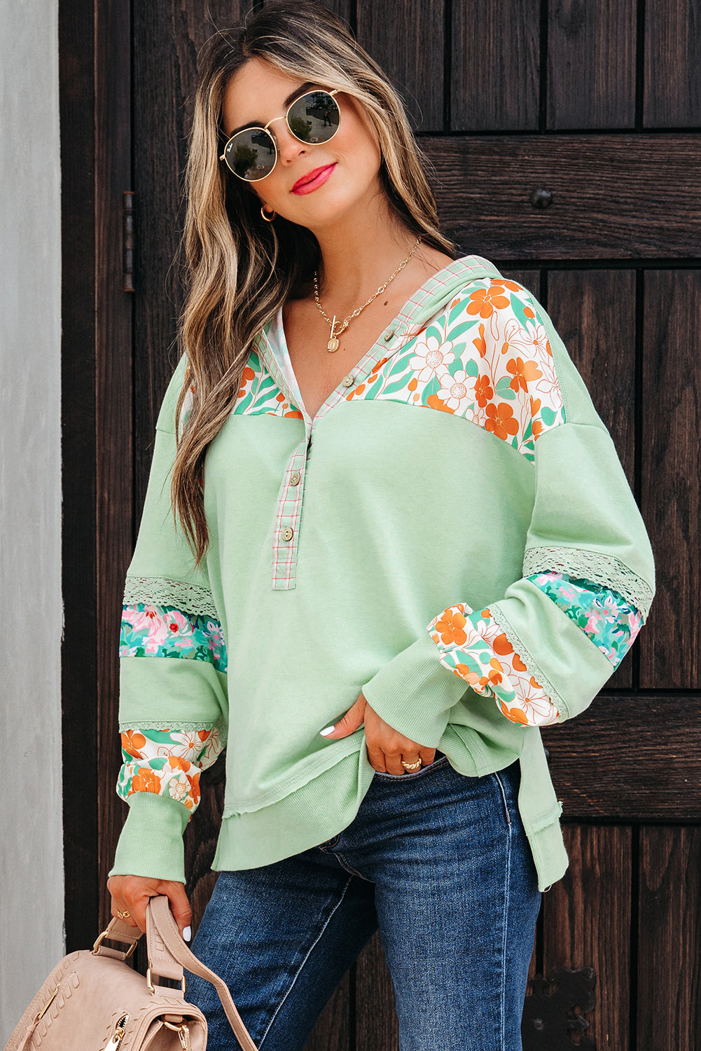 Threaded Pear Emberly Patchwork Half Hooded Pullover