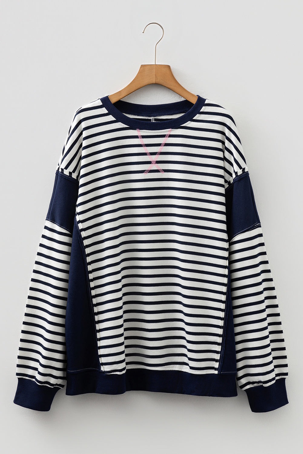Threaded Pear Blue Stripe Contrast Stitched Detail Color Block Patchwork Plus Size Sweatshirt