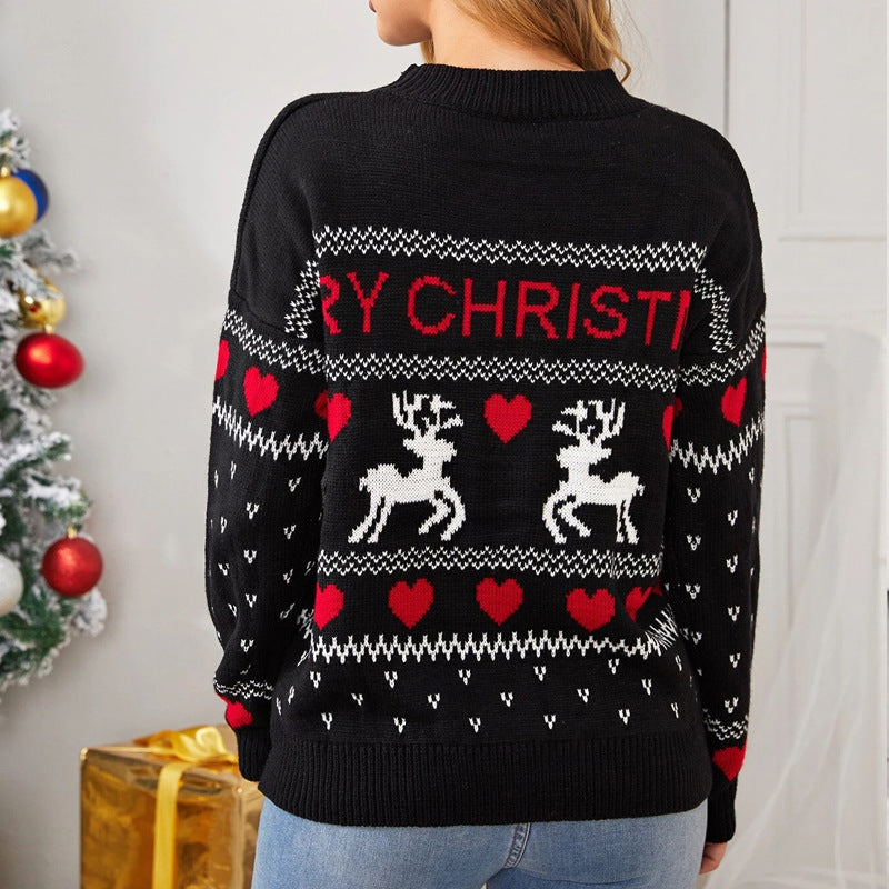 Cute Elk Heart Print Christmas Sweater | Women’s Fashion Heart Pattern Pullover | Festive Reindeer Knitted Winter Top | Sweet Holiday Aesthetic Jumper