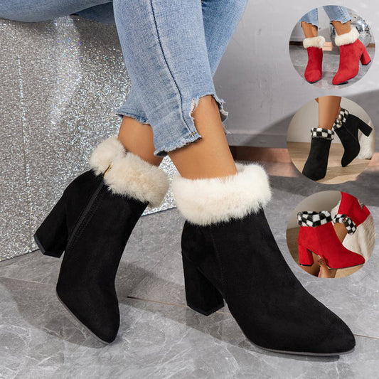 Women’s Plaid Print Plush Ankle Boots | High-Sense Square-Heel Suede Boots | Trendy Minimalist Autumn & Winter Footwear | Luxury-Label Statuesque Casual Boots | 2026 High-Fashion Radiant Winter Essential