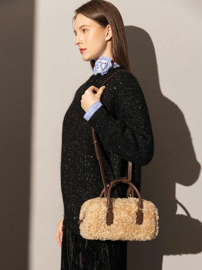 Beige Sherpa Fur Trimmed Elongated Top Handle Bag