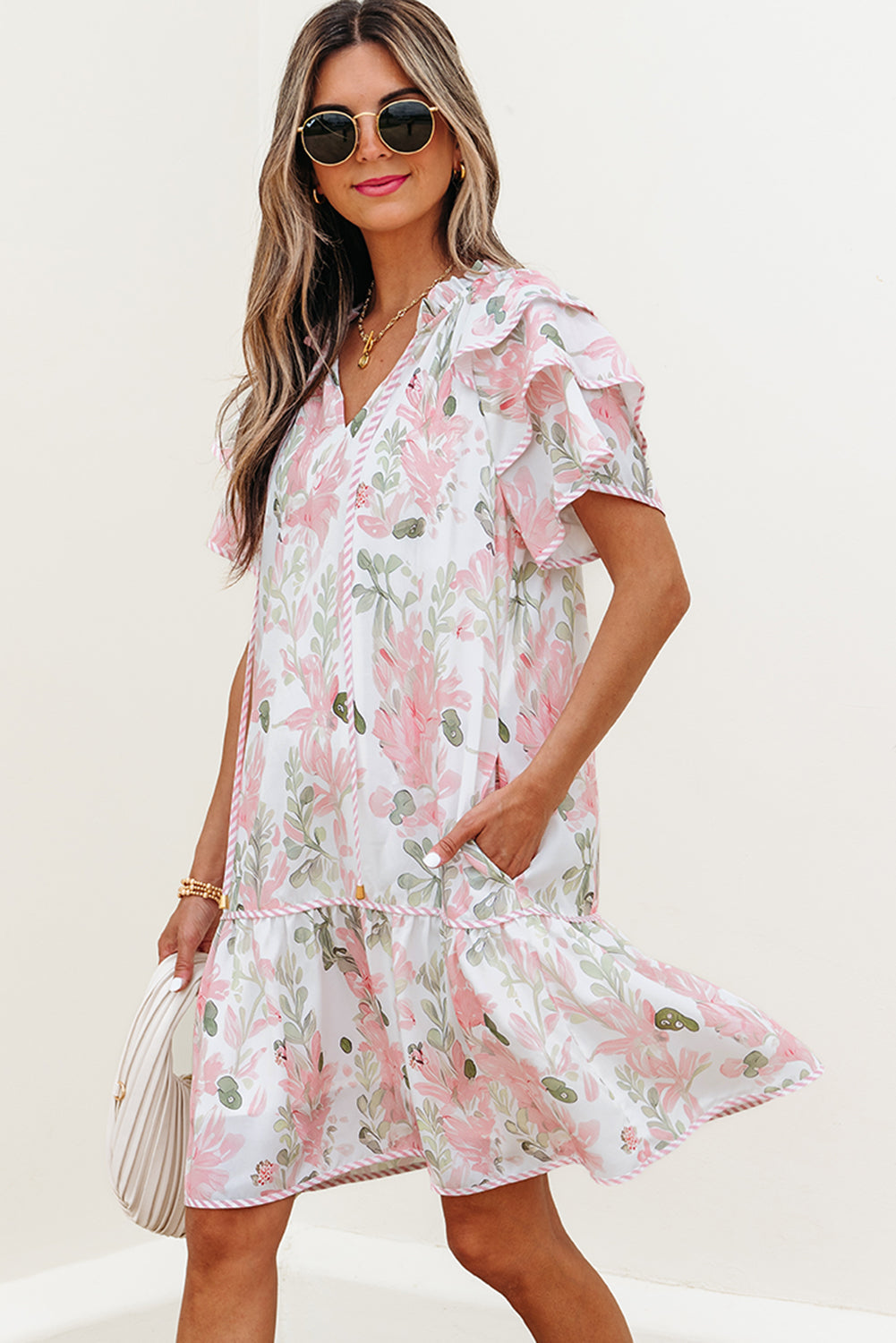 Threaded Pear Madalyn Floral Contrast Edge Layered Short Sleeve Mini Dress