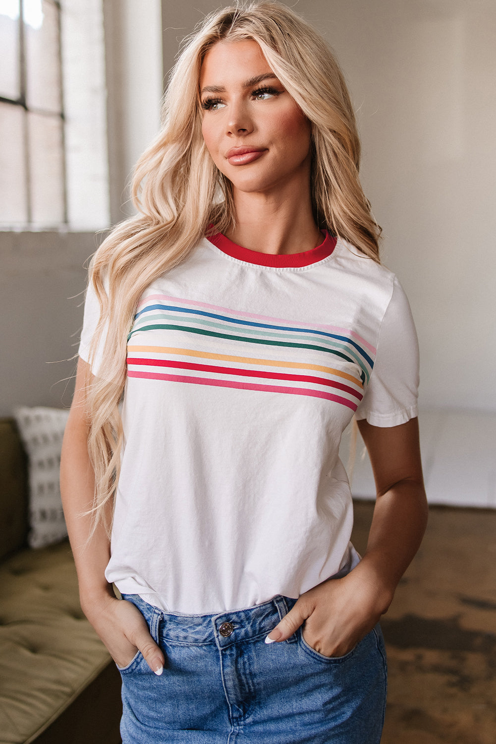 Threaded Pear Carter Rainbow Stripe Crewneck Top