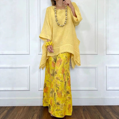 Cotton-Linen Irregular Hem Drop-Shoulder Top & Wide-Leg Pants Set | 3 Colors