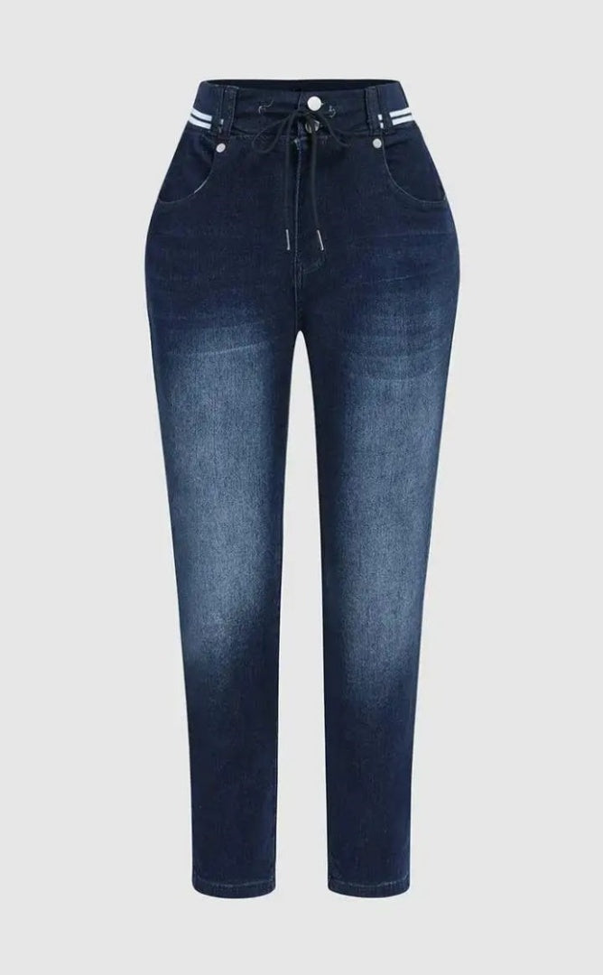 Women’s Athleisure Skinny Jeggings | Mid-Rise Pull-On Denim Jeans with Drawstring Waist | Butt-Lifting Dark Wash Stretch Denim for Women