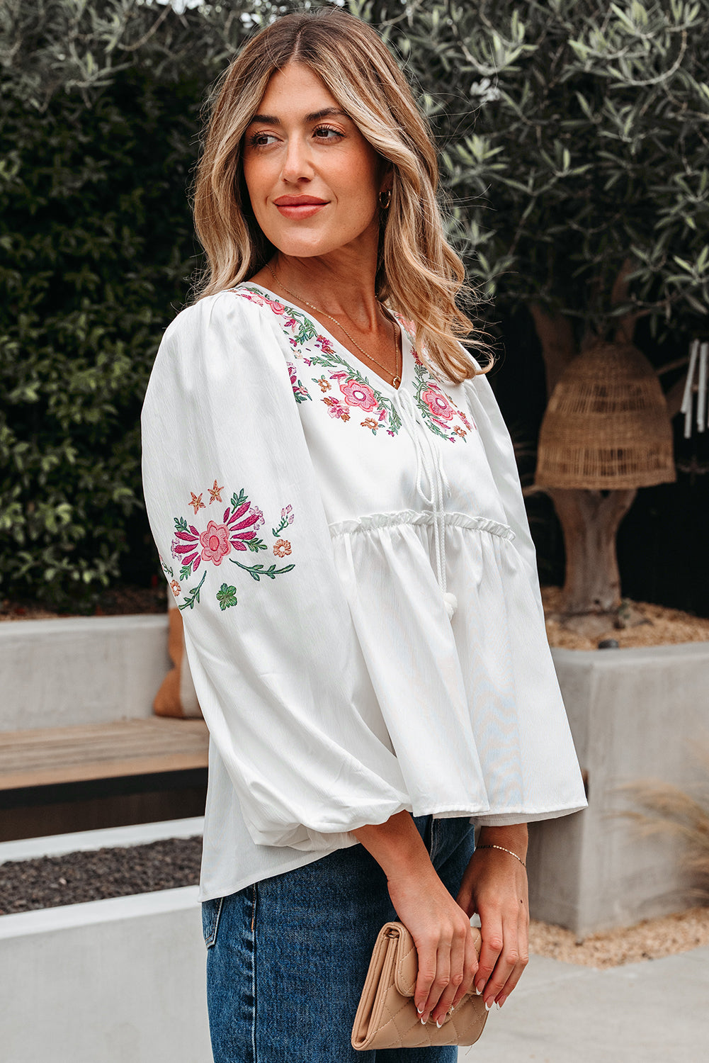 Threaded Pear Skylar Flower Lace-up Babydoll Blouse