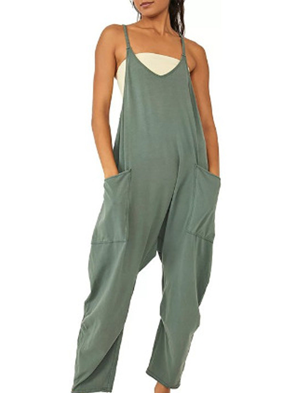 Summer Loose Sleeveless Jumpsuit | High-Sense Spaghetti Strap Long Pant Romper | Trendy Minimalist Wide-Leg Jumpsuit with Pockets & Zipper | Luxury-Label Statuesque Radiant Apparel | 2026 High-Fashion Emerald-Luxe Essential