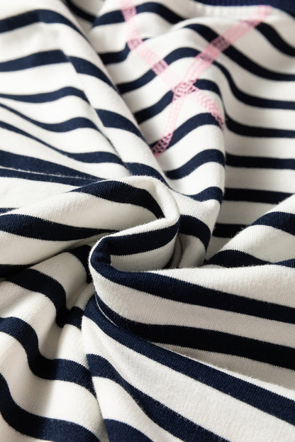 Threaded Pear Blue Stripe Contrast Stitched Detail Color Block Patchwork Plus Size Sweatshirt