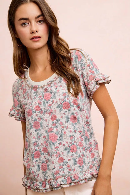 BiBi Rose Printed Slub Knit Ruffled Sleeves Top