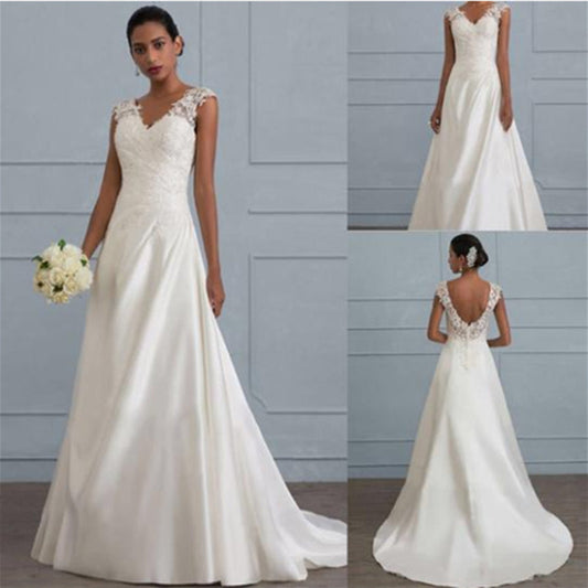 Women’s White Lace Temperament Maxi Dress | European Backless Wedding Bridesmaid Dress | Low-Cut Elegant Evening Gown | Plus Size Lace Long Skirt