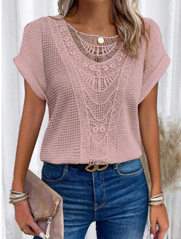 Women’s Summer Hollow-Out T-Shirt | Fashion Ethnic Style Short-Sleeved Top | Elegant Embroidered Lace Knit Blouse | Trendy Minimalist Breathable Summer Clothing | 2026 High-Fashion Artisan Ethnic Top