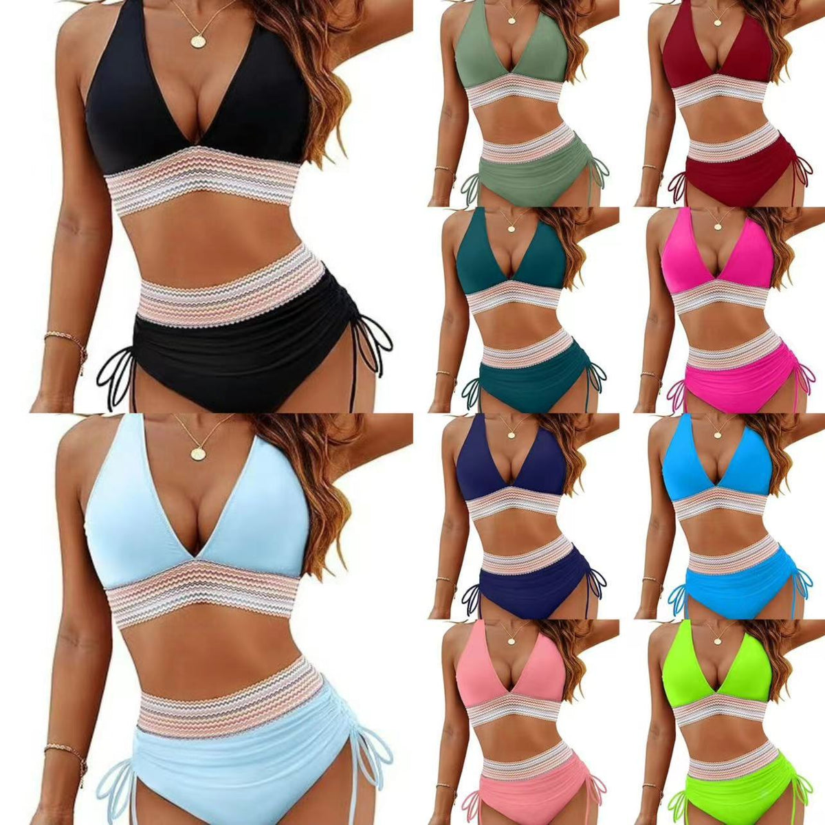 Fashion Womens High Waist Bikini Set Two Piece Swimsuit Solid Color