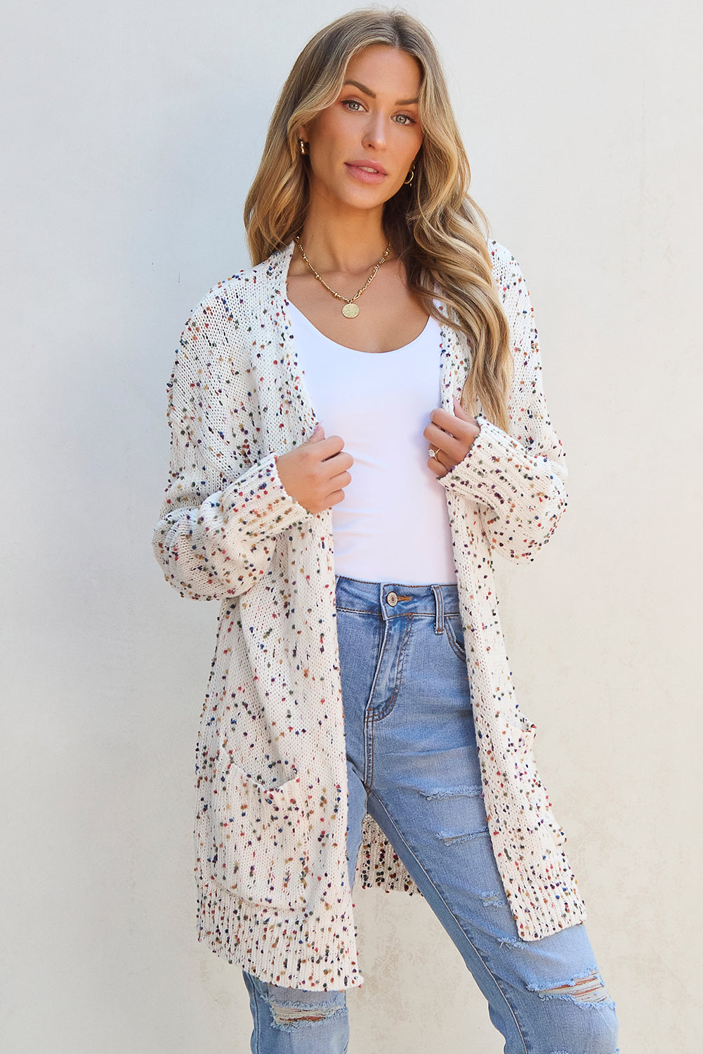 Threaded Pear Ailany Confetti Rib Knit Long Sleeve Cardigan