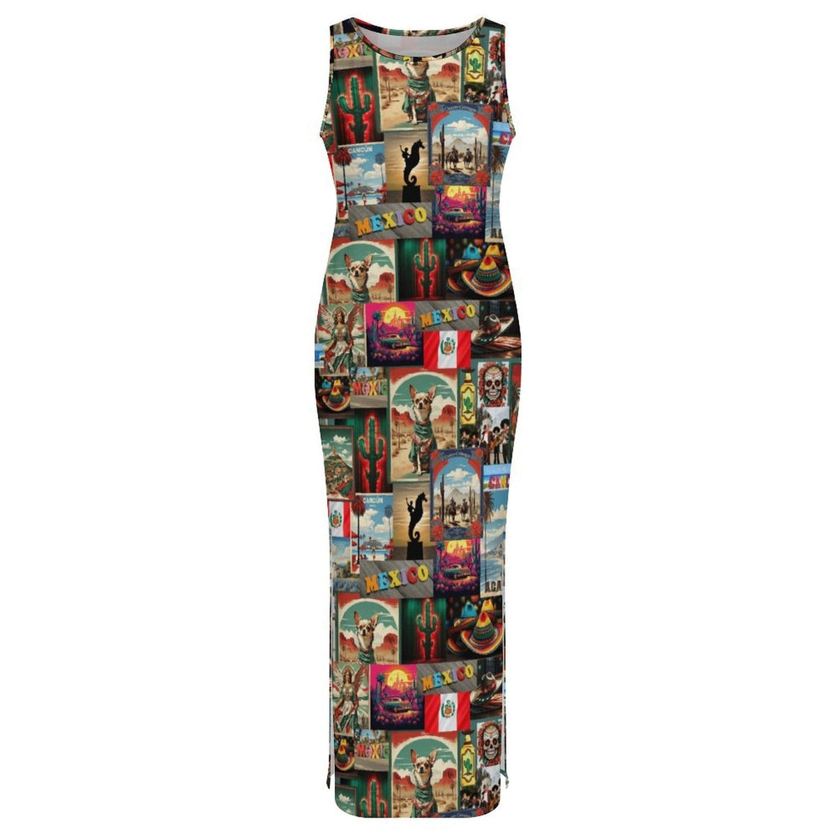 Baha Ranch Colores De Mexico Destination Mexico Sleeveless Bodycon Side Slit Long Dress