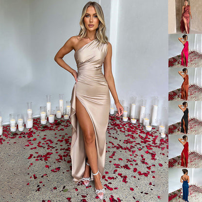 Women’s One-Shoulder Backless Satin Slit Dress | High-Sense Elegant Slim-Fit Summer Gown | Trendy Minimalist Solid Color Evening Dress | Luxury-Label Statuesque Formal Wear | 2026 High-Fashion Radiant Party Dress