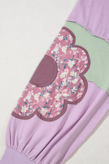 Threaded Pear Phalaenopsis Flower Patch Colorblock Plus Size Pullover Top