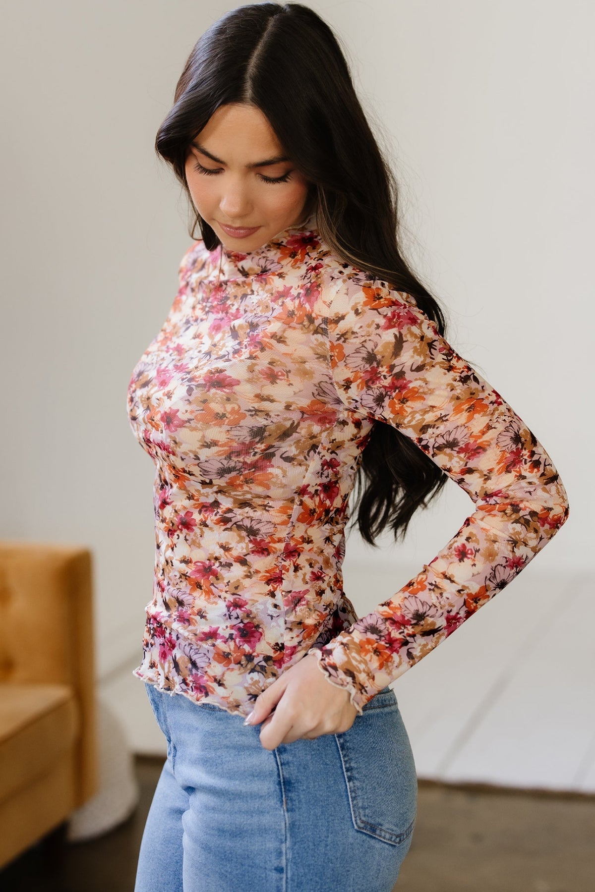 Threaded Pear Virginia Floral Print Mesh Long Sleeve Top