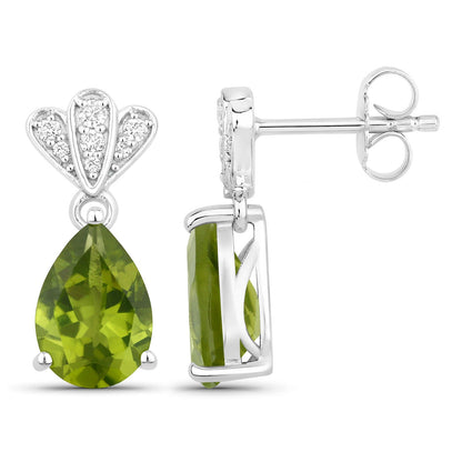 Genuine Peridot and Lab Grown Diamond Silver Dangle Earrings